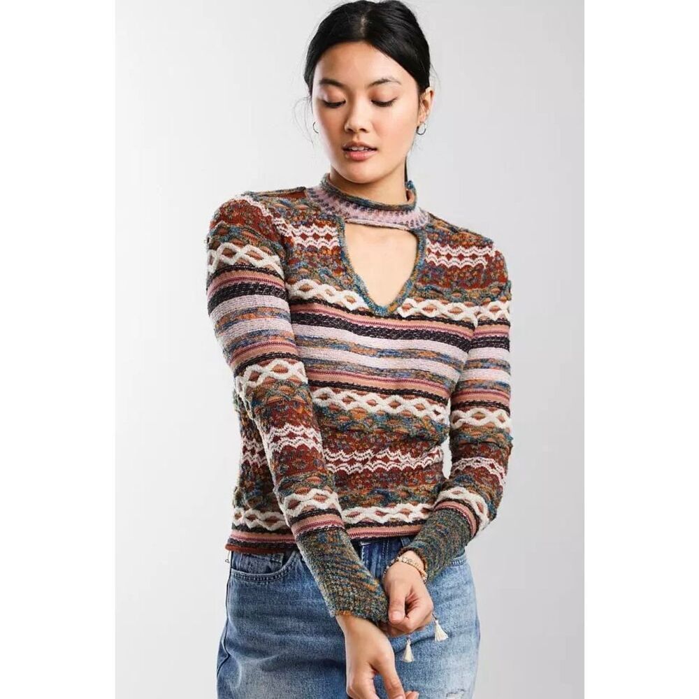 Gimmick The Buckle Mixed Yarn Reversible Mock Neck Keyhole Sweater S